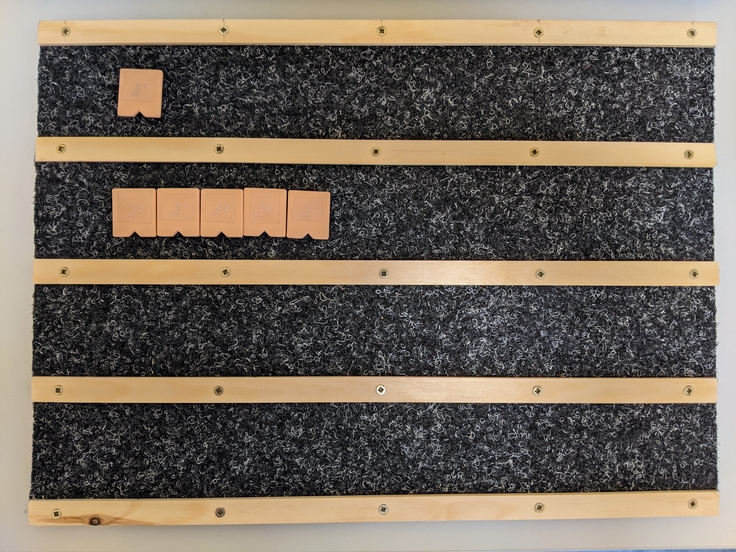 Eine Unterlage aus Filz auf dem Holzstege aufgeschraubt sind und man kann in die einzelnen Felder Plättchen zum Üben einlegen.