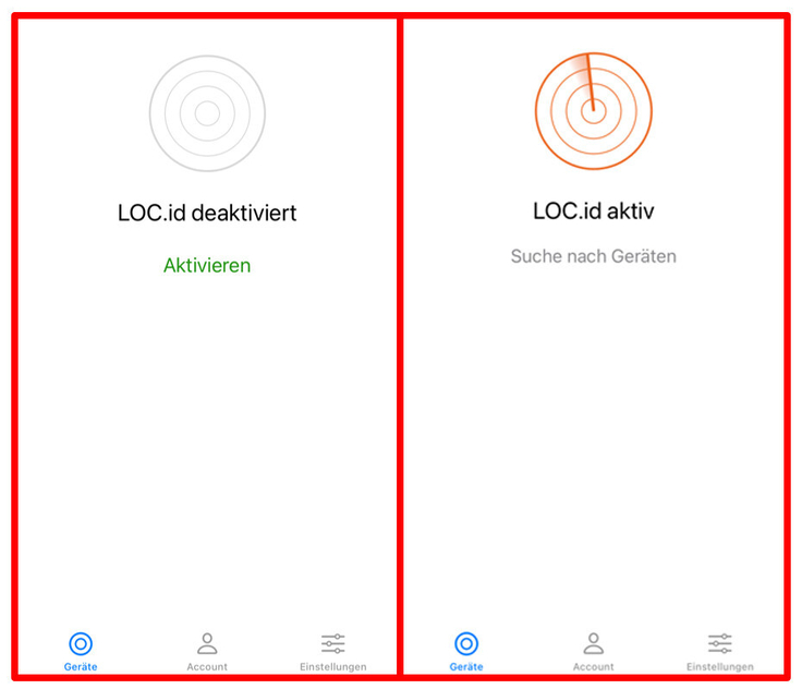 App-Ansicht „LOC.id“. Auf der linken Darstellung ist die App deaktiviert. Dann sind keine Töne oder Ansagen zu hören. Auf der rechten Darstellung ist die App aktiviert und sucht nach Geräten. Wird ein Gerät gefunden, wird es in der Ansicht aufge