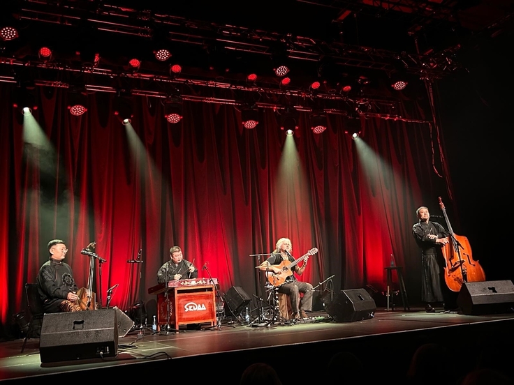 Das Foto zeigt die vier Bandmitglieder während des Konzertes auf der Bühne mit ihren Instrumenten. Von links: Pferdekopfgeige, Hackbrett, Gitarre, Kontrabass