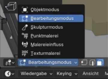 Unten links wechseln Sie in Blender vom Objekt- in den Bearbeitungsmodus. Danach erscheinen rechts vom Aufklappmenü die Auswahloptionen für Knoten, Kanten und Flächen.