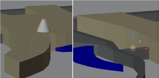 Standardmäßig setzt TouchMapper einen Kegel auf das Zielgebäude. Wir haben ihn in Blender verkleinert und vor die Tür gesetzt.