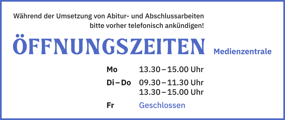 Öffnungszeiten der Medienzentrale des LBZB Hannover. Mo 13.30-15.00 Uhr. Di-Do 9.30-11.30 und 13.30-15.00 Uhr. Freitag ist geschlossen. Während der Umsetzung von Abitur- und Abschlussarbeiten bitte vorher telefonisch ankündigen!