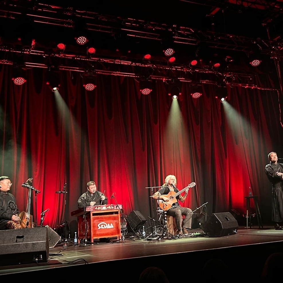 Das Foto zeigt die vier Bandmitglieder während des Konzertes auf der Bühne mit ihren Instrumenten. Von links: Pferdekopfgeige, Hackbrett, Gitarre, Kontrabass